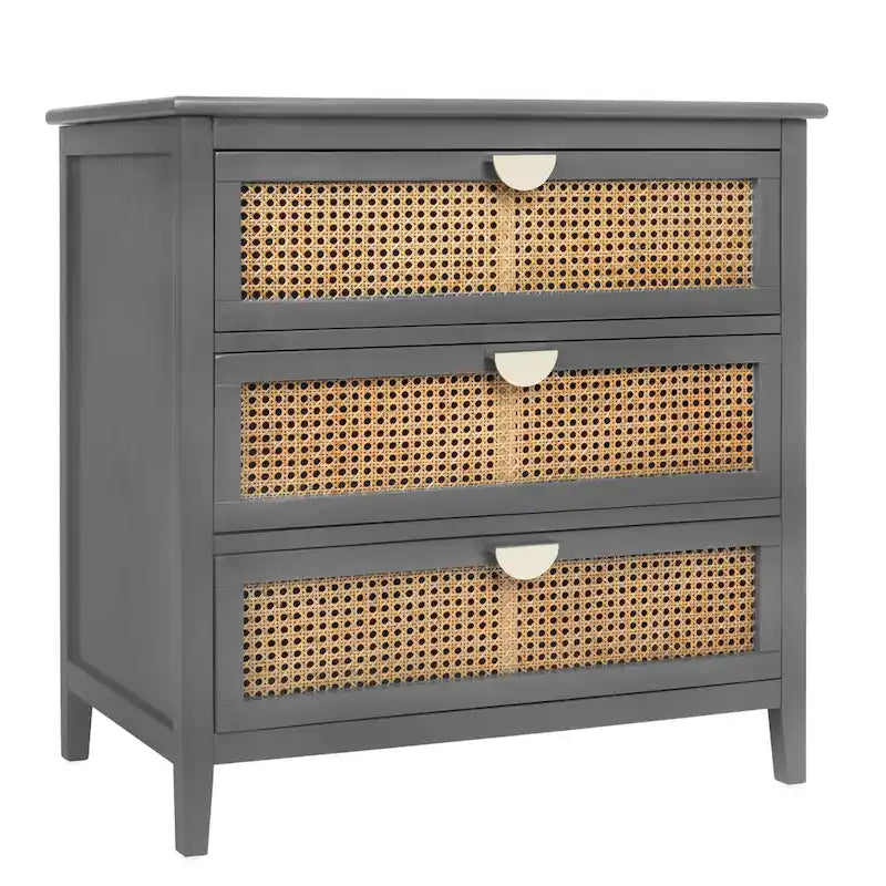 3-Drawer Chest Cabinet with Hollow-Carved Natural Rattan and Wood Grain for Bedroom