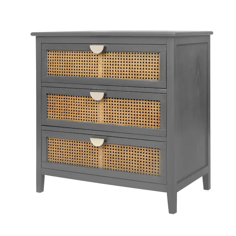 3-Drawer Chest Cabinet with Hollow-Carved Natural Rattan and Wood Grain for Bedroom