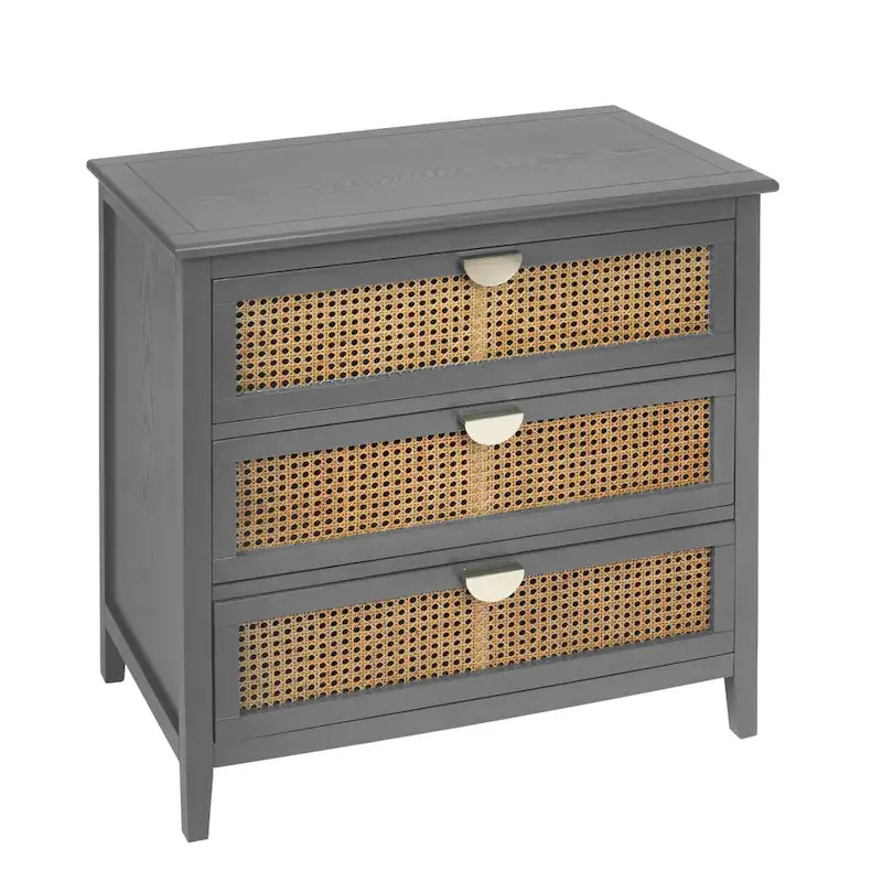 3-Drawer Chest Cabinet with Hollow-Carved Natural Rattan and Wood Grain for Bedroom