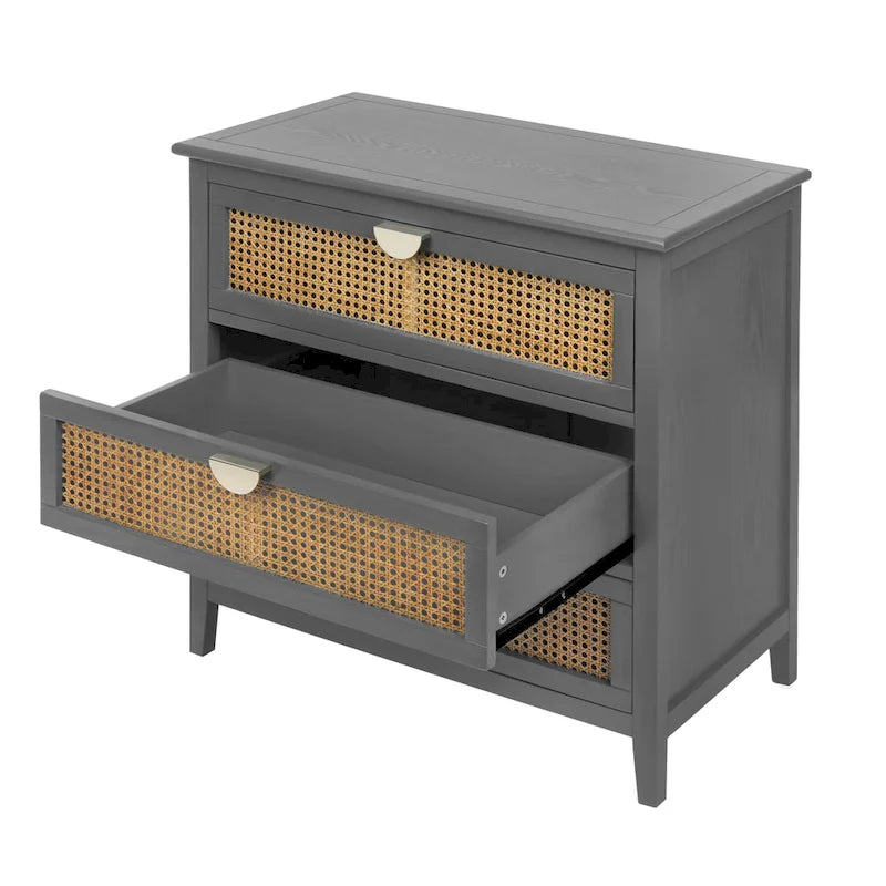 3-Drawer Chest Cabinet with Hollow-Carved Natural Rattan and Wood Grain for Bedroom