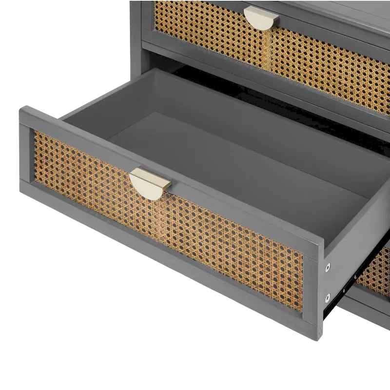 3-Drawer Chest Cabinet with Hollow-Carved Natural Rattan and Wood Grain for Bedroom