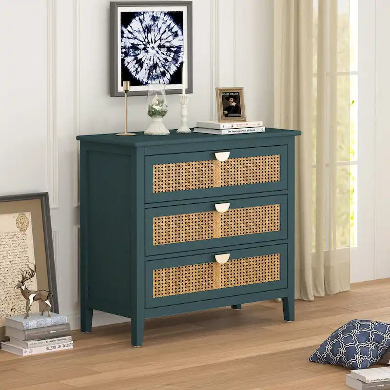 3-Drawer Chest Cabinet with Hollow-Carved Natural Rattan and Wood Grain for Bedroom