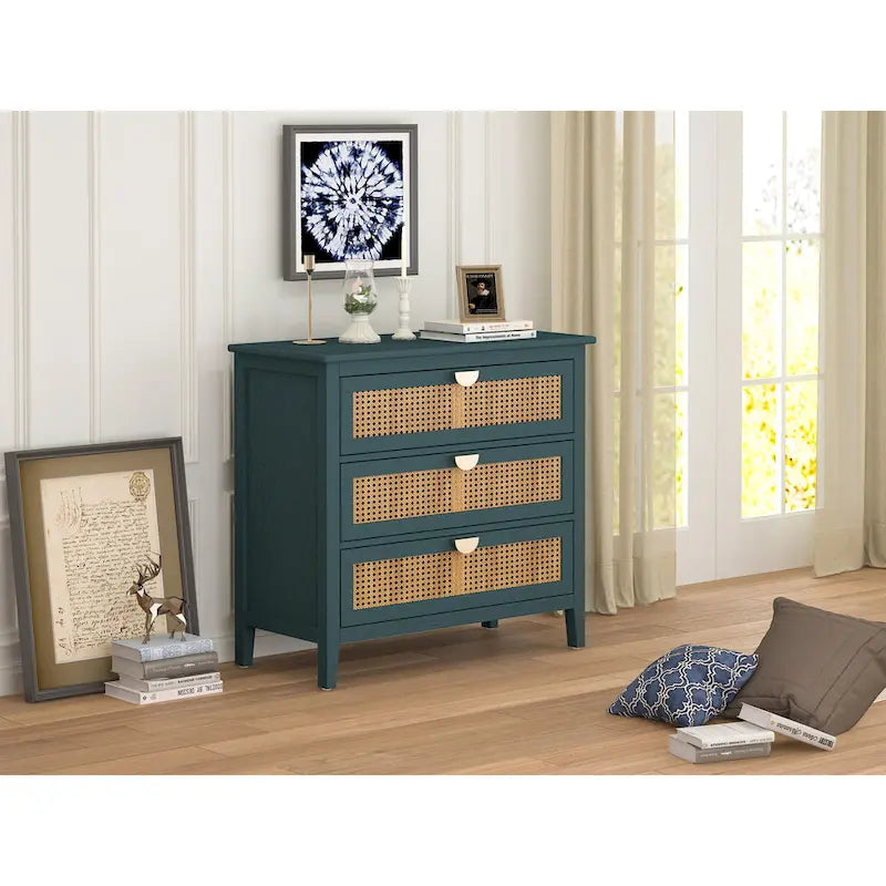 3-Drawer Chest Cabinet with Hollow-Carved Natural Rattan and Wood Grain for Bedroom