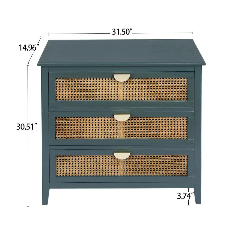 3-Drawer Chest Cabinet with Hollow-Carved Natural Rattan and Wood Grain for Bedroom