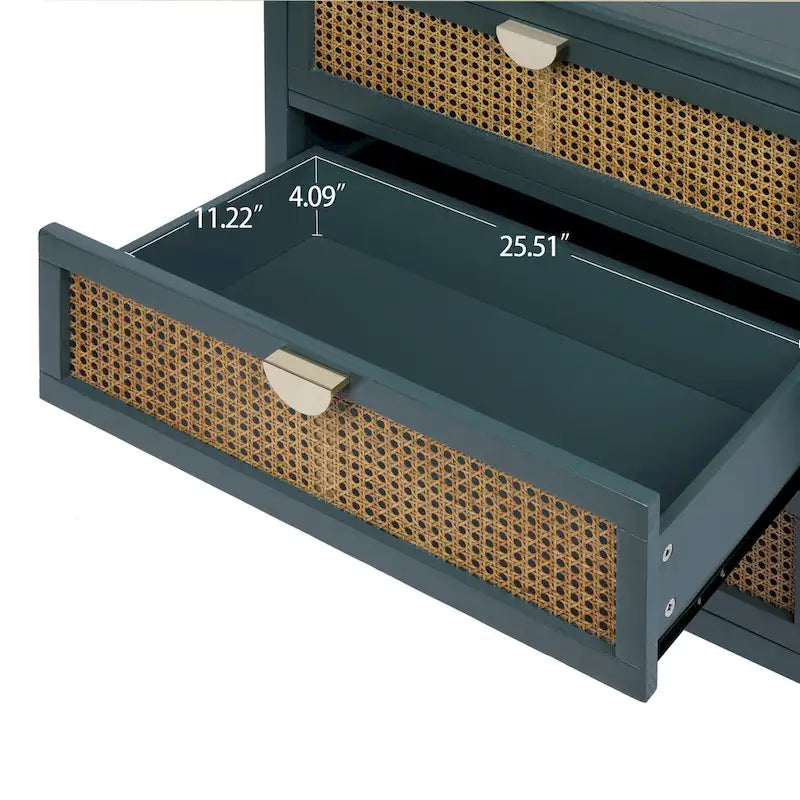 3-Drawer Chest Cabinet with Hollow-Carved Natural Rattan and Wood Grain for Bedroom
