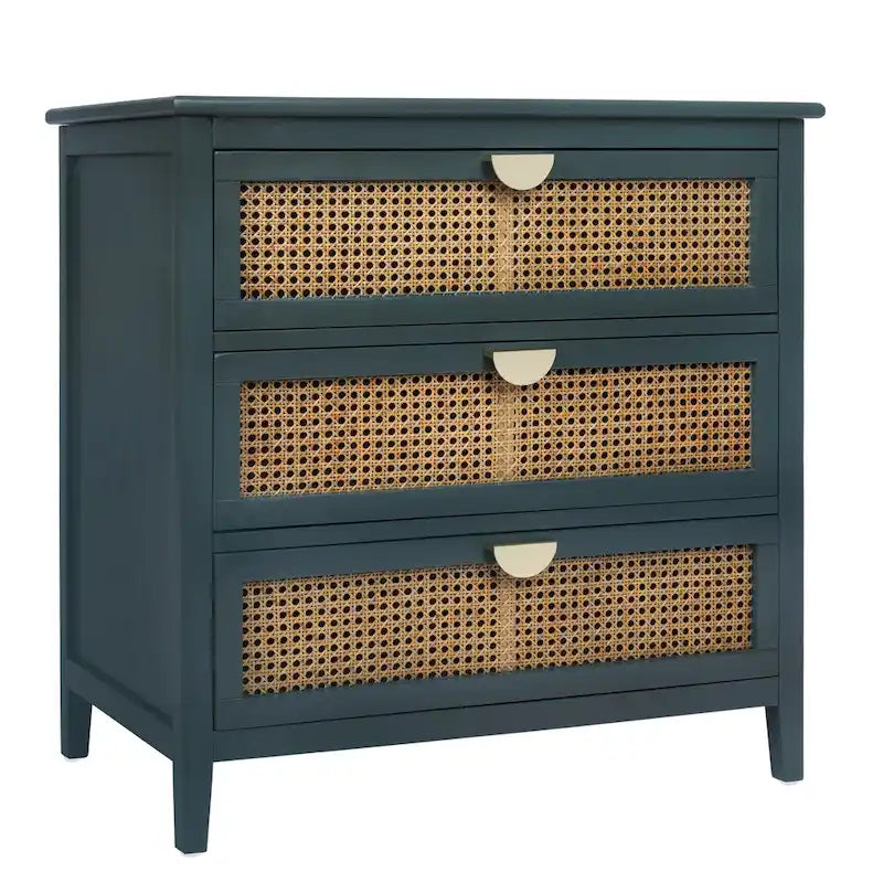 3-Drawer Chest Cabinet with Hollow-Carved Natural Rattan and Wood Grain for Bedroom