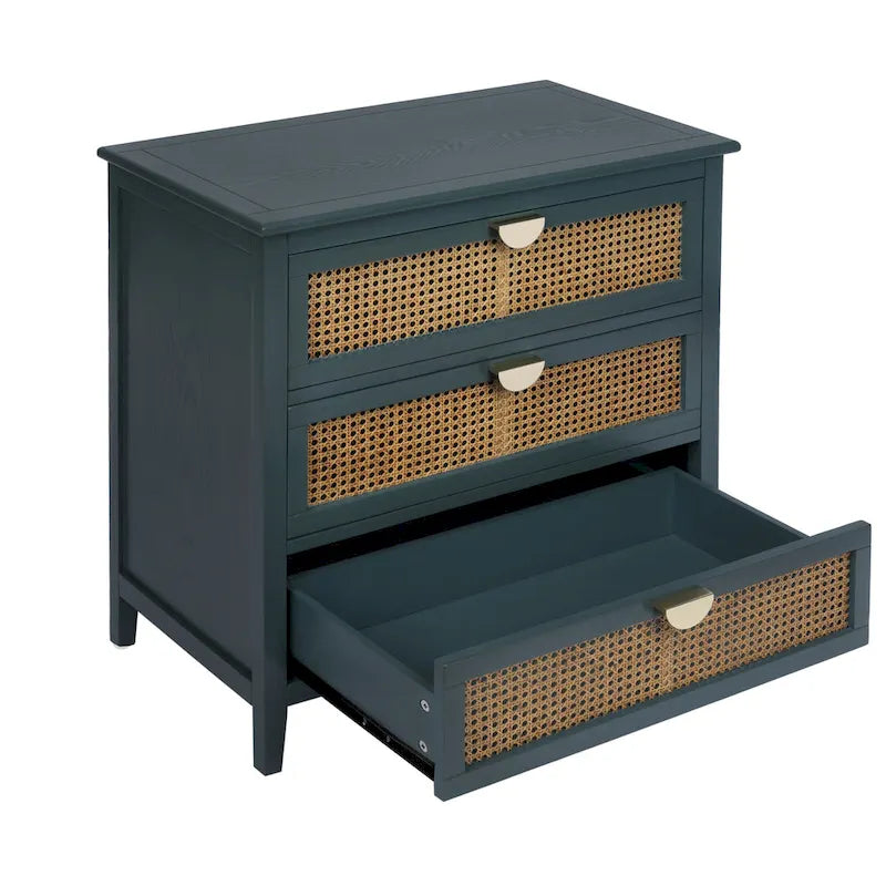 3-Drawer Chest Cabinet with Hollow-Carved Natural Rattan and Wood Grain for Bedroom