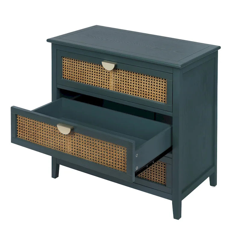 3-Drawer Chest Cabinet with Hollow-Carved Natural Rattan and Wood Grain for Bedroom