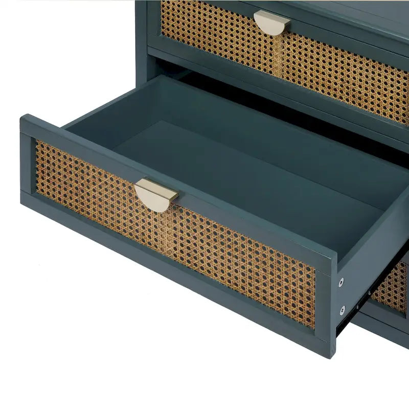 3-Drawer Chest Cabinet with Hollow-Carved Natural Rattan and Wood Grain for Bedroom
