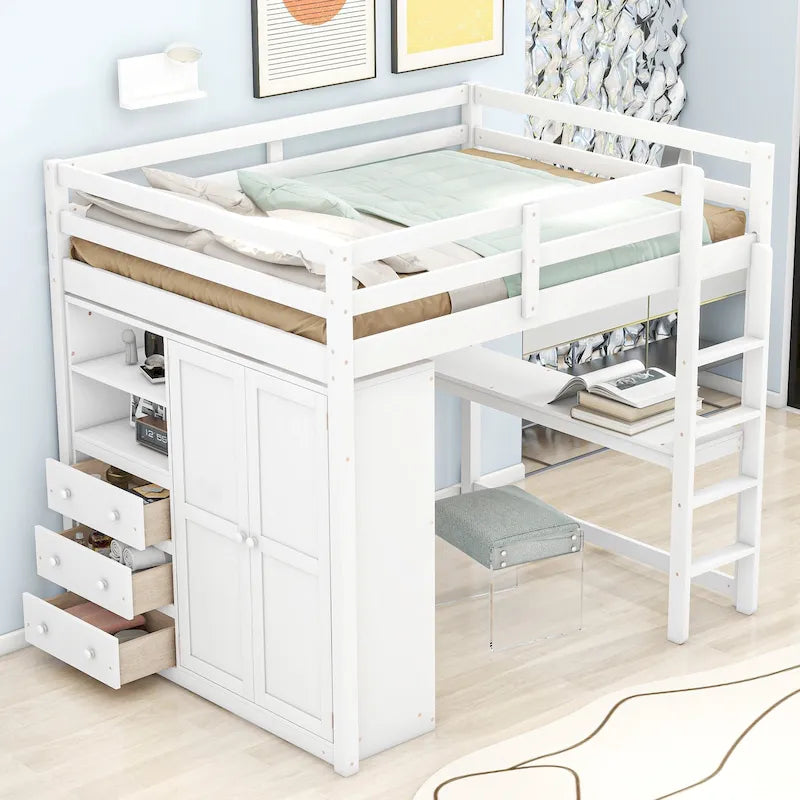 Full Size Loft Bed with Wardrobe Desk Drawers and Storage Shelves