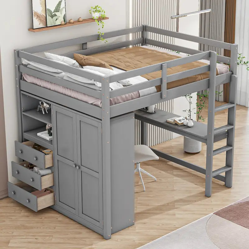 Full Size Loft Bed with Wardrobe Desk Drawers and Storage Shelves