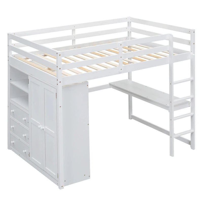 Full Size Loft Bed with Wardrobe Desk Drawers and Storage Shelves