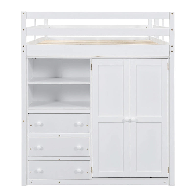 Full Size Loft Bed with Wardrobe Desk Drawers and Storage Shelves