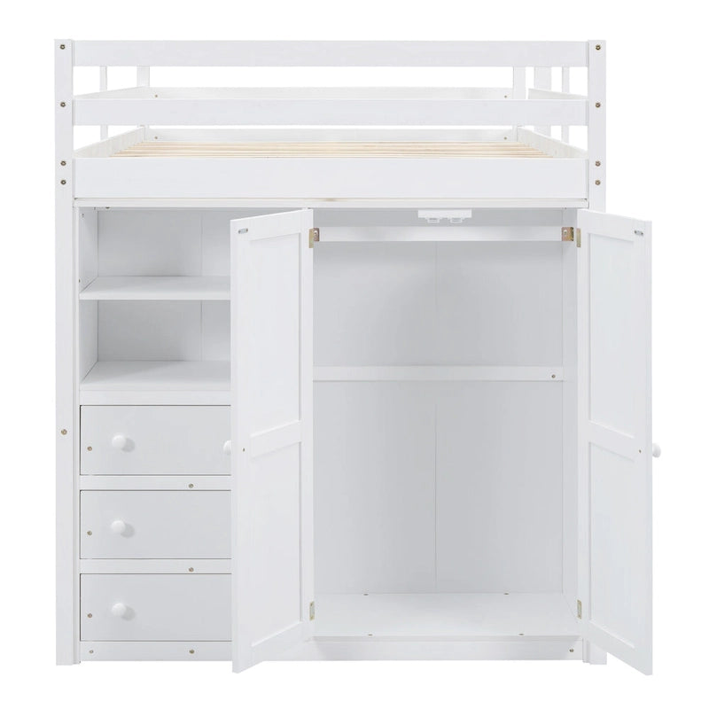 Full Size Loft Bed with Wardrobe Desk Drawers and Storage Shelves