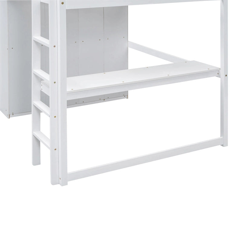 Full Size Loft Bed with Wardrobe Desk Drawers and Storage Shelves