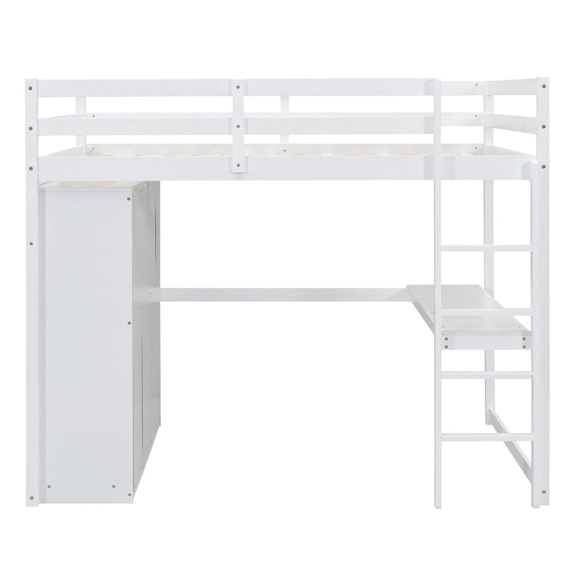 Lit mezzanine pleine grandeur avec armoire, bureau, tiroirs et étagères de rangement