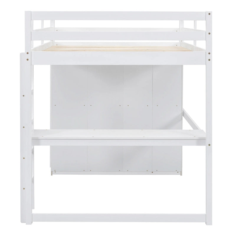 Lit mezzanine pleine grandeur avec armoire, bureau, tiroirs et étagères de rangement