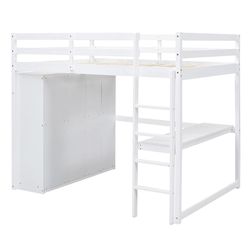 Lit mezzanine pleine grandeur avec armoire, bureau, tiroirs et étagères de rangement