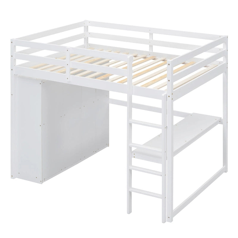 Lit mezzanine pleine grandeur avec armoire, bureau, tiroirs et étagères de rangement