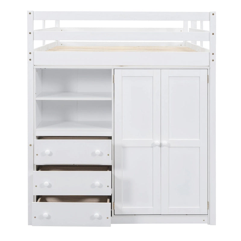 Lit mezzanine pleine grandeur avec armoire, bureau, tiroirs et étagères de rangement