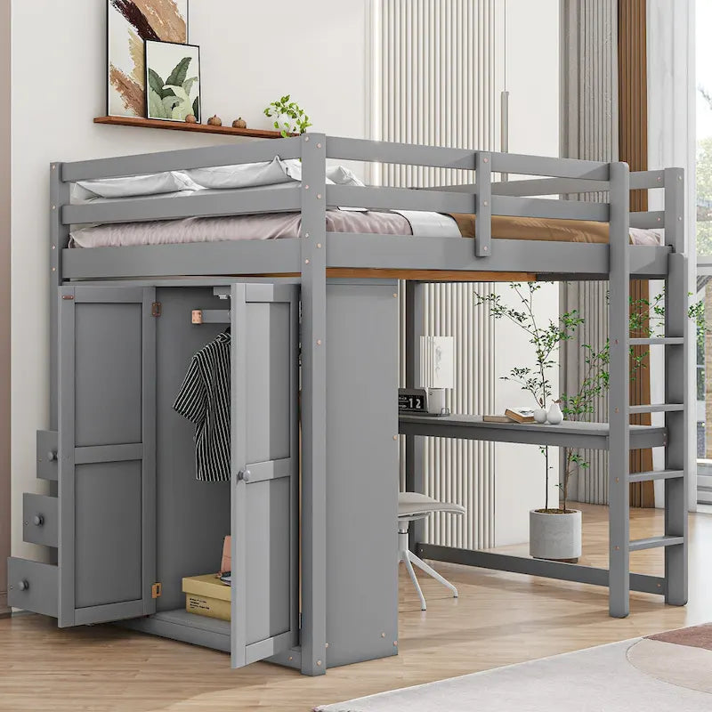 Lit mezzanine pleine grandeur avec armoire, bureau, tiroirs et étagères de rangement