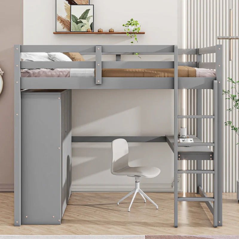 Lit mezzanine pleine grandeur avec armoire, bureau, tiroirs et étagères de rangement