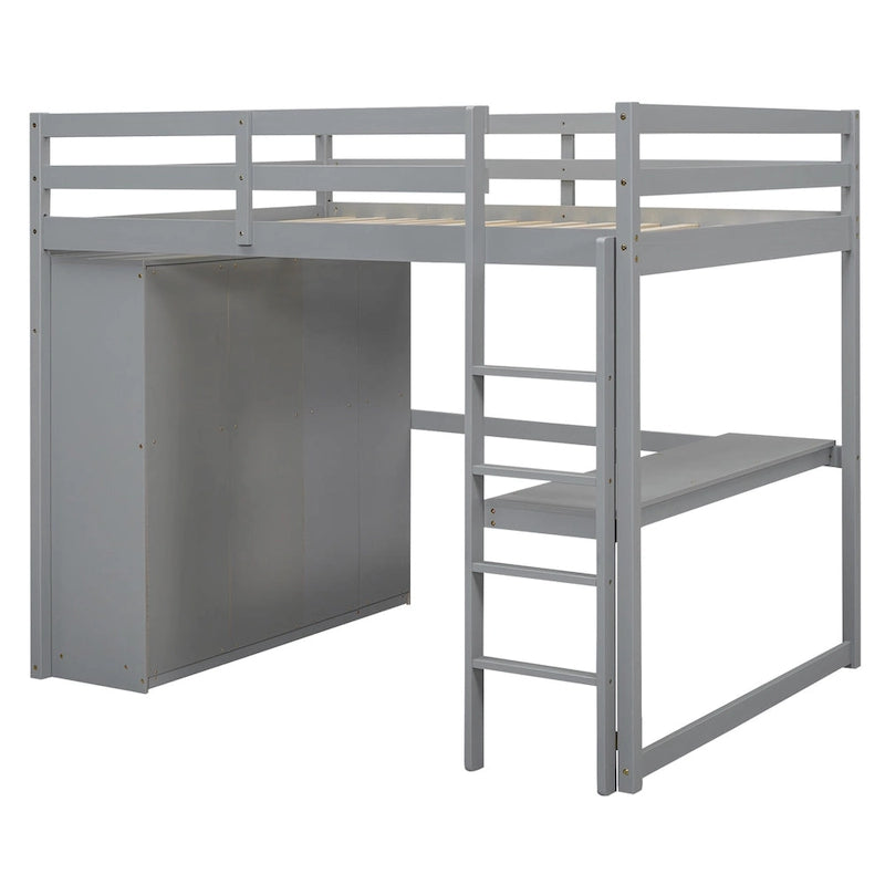 Lit mezzanine pleine grandeur avec armoire, bureau, tiroirs et étagères de rangement