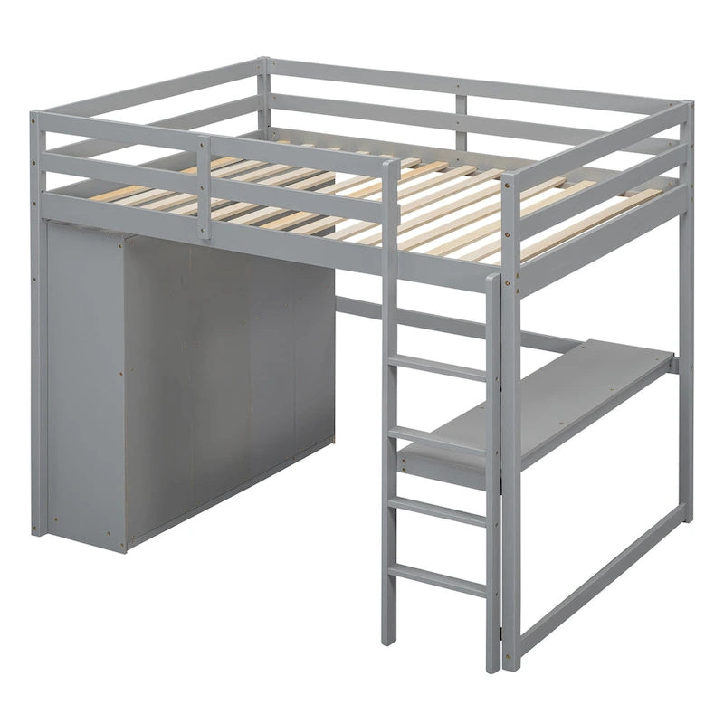 Lit mezzanine pleine grandeur avec armoire, bureau, tiroirs et étagères de rangement