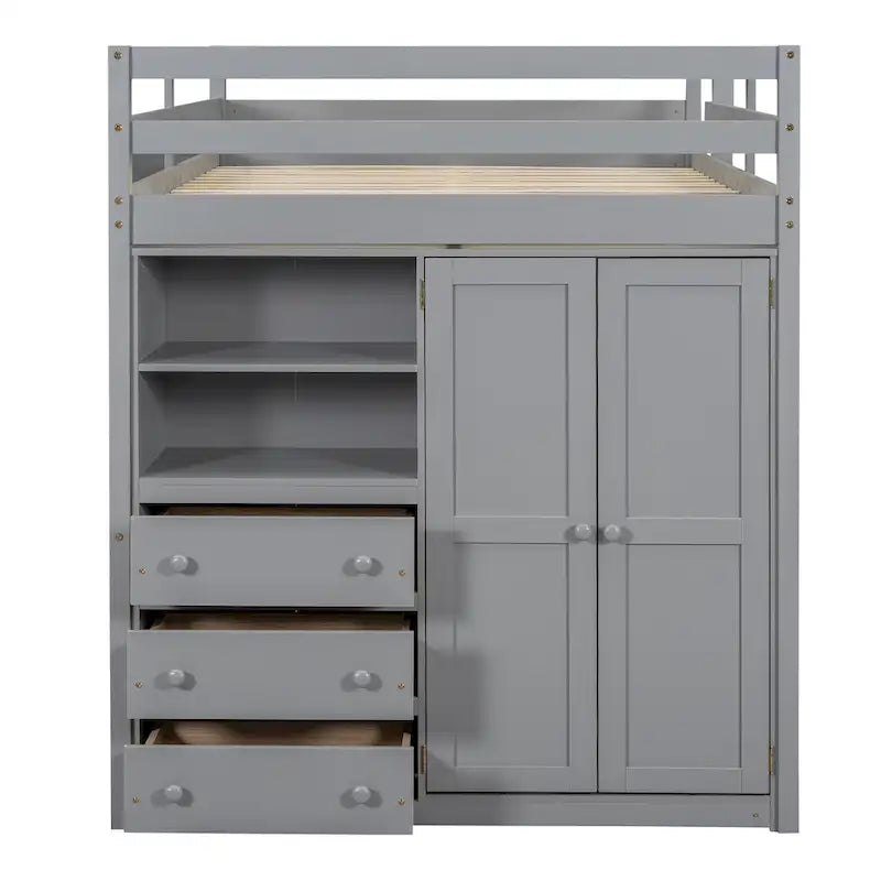 Lit mezzanine pleine grandeur avec armoire, bureau, tiroirs et étagères de rangement