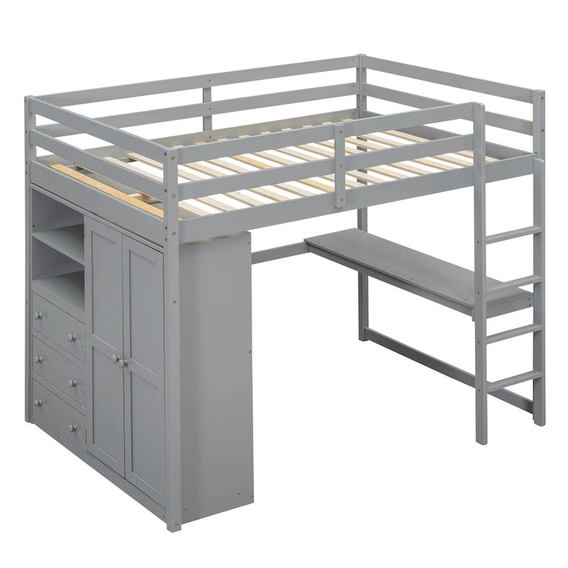 Lit mezzanine pleine grandeur avec armoire, bureau, tiroirs et étagères de rangement
