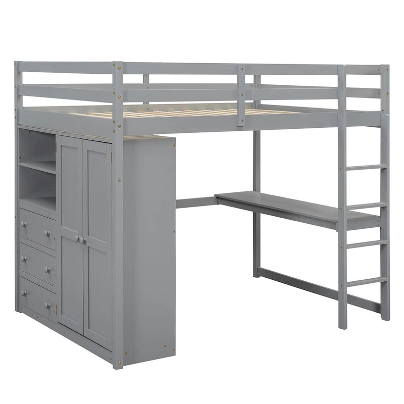 Lit mezzanine pleine grandeur avec armoire, bureau, tiroirs et étagères de rangement