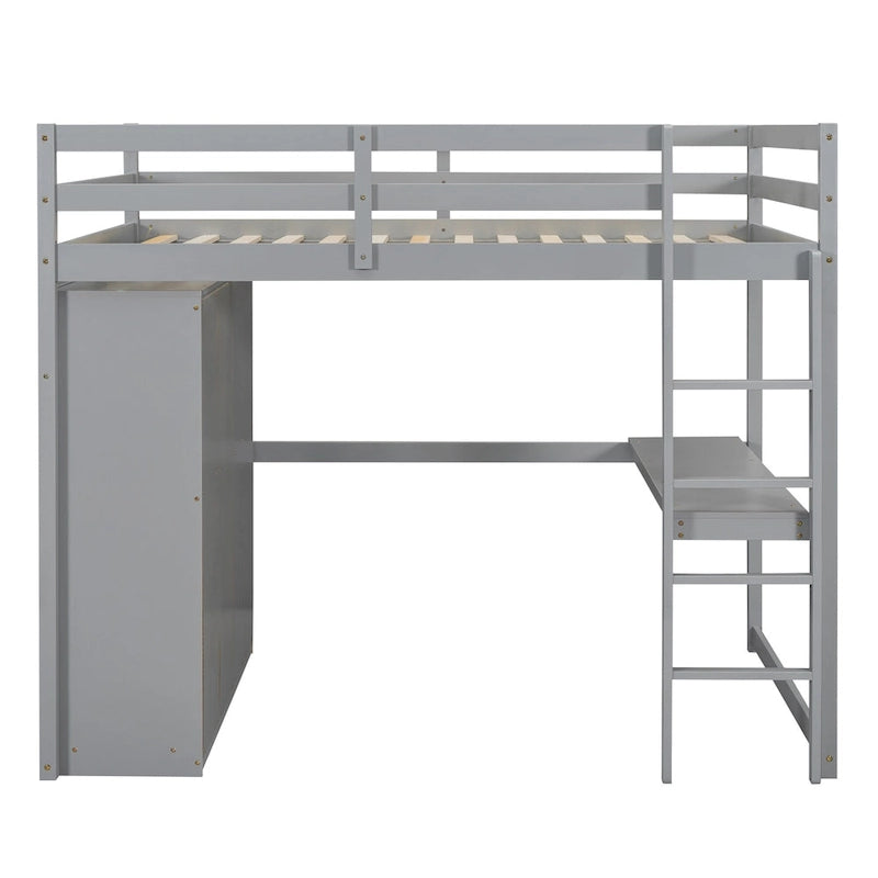 Lit mezzanine pleine grandeur avec armoire, bureau, tiroirs et étagères de rangement