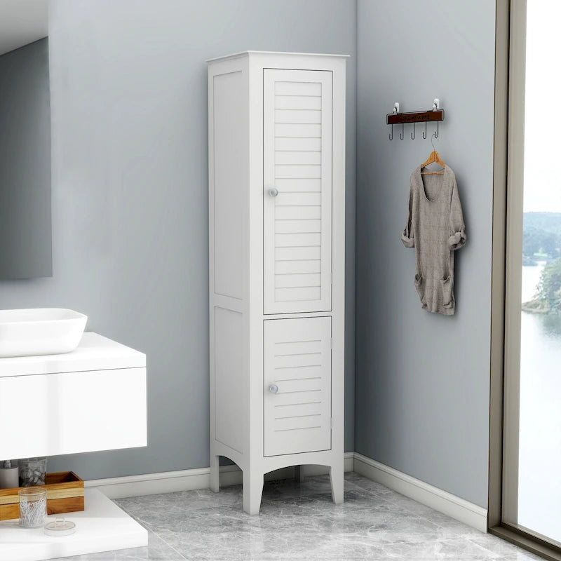 5-Tier Narrow Freestanding Bathroom Storage Cabinet with 2 Shutter Doors
