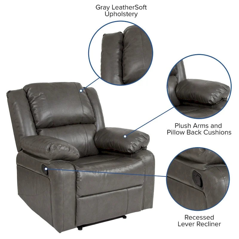 Pillow Back Leathersoft Recliner Chair with Plush Arms
