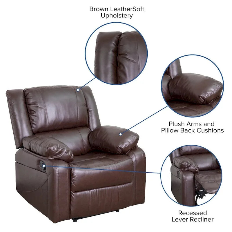Pillow Back Leathersoft Recliner Chair with Plush Arms