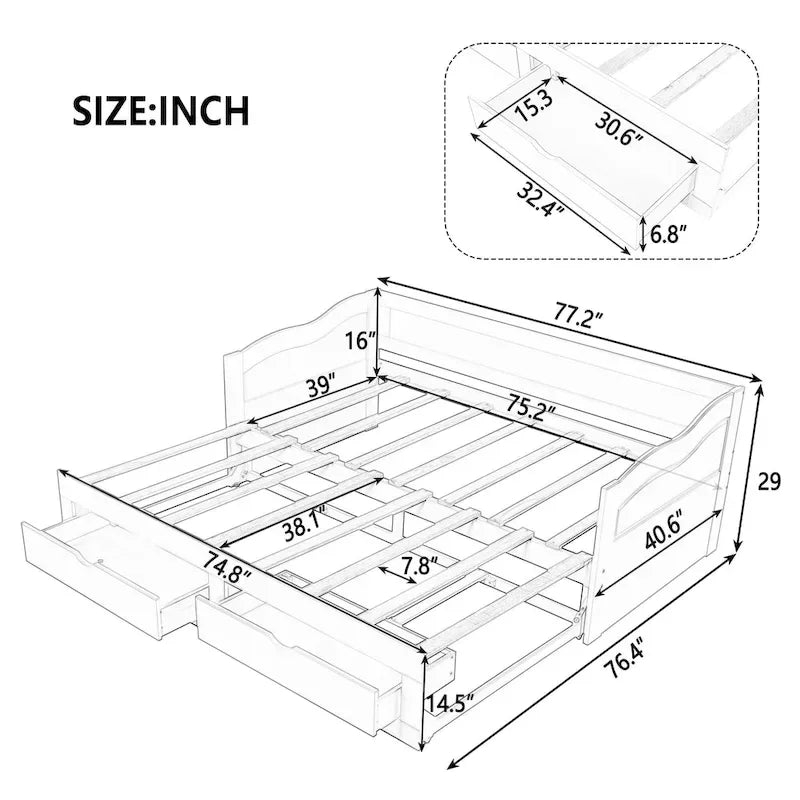 Twin Size Wooden Daybed with Storage Drawers