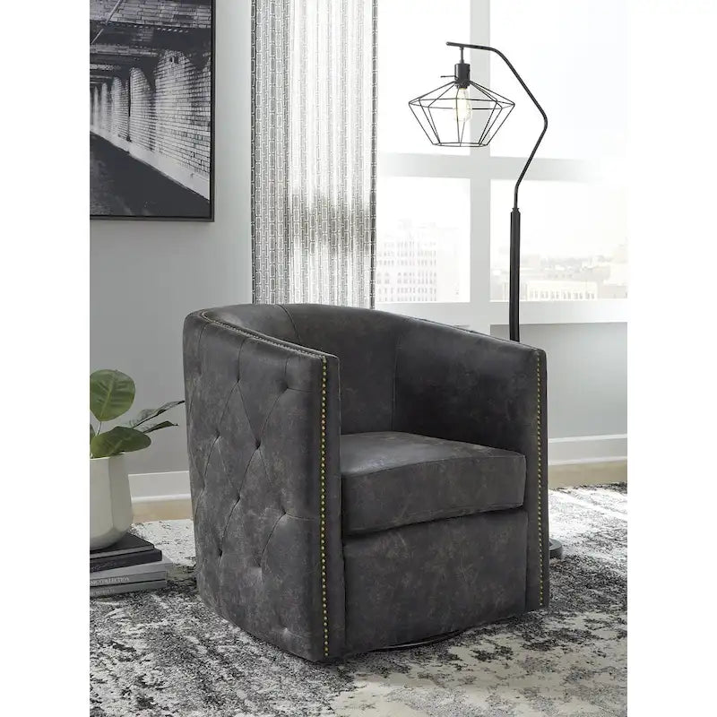 Distressed Black Faux Leather Barrel Back Swivel Accent Chair