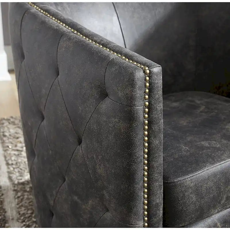 Distressed Black Faux Leather Barrel Back Swivel Accent Chair