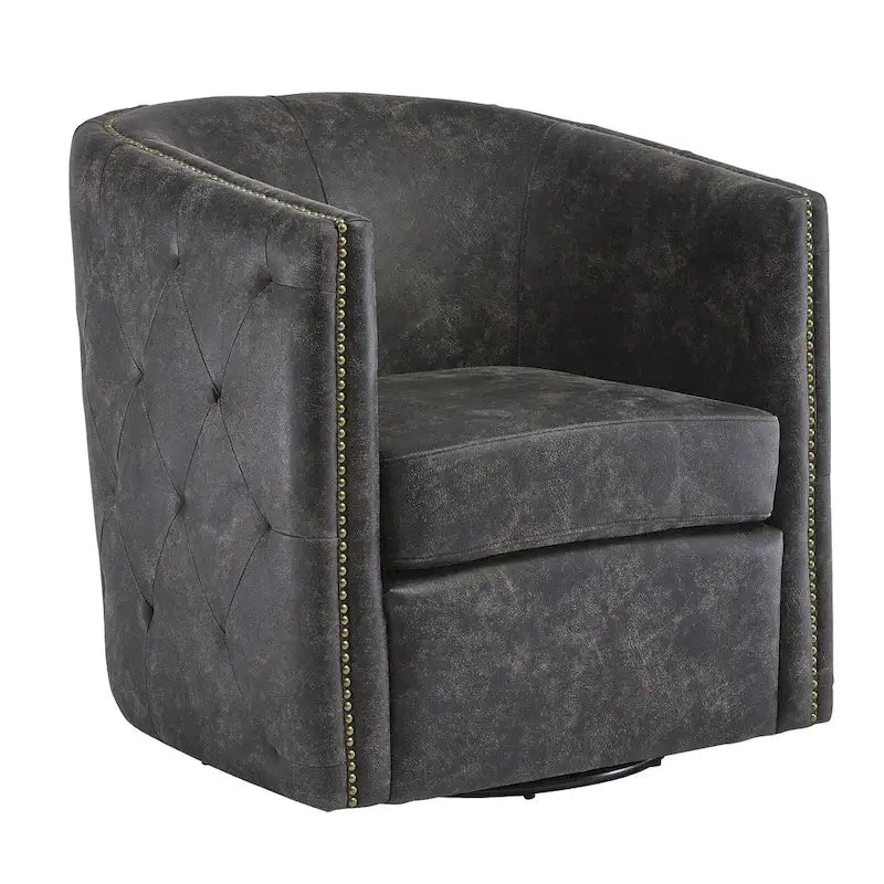 Distressed Black Faux Leather Barrel Back Swivel Accent Chair