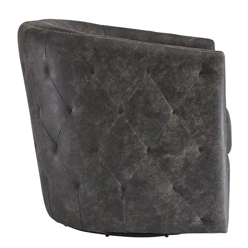 Distressed Black Faux Leather Barrel Back Swivel Accent Chair