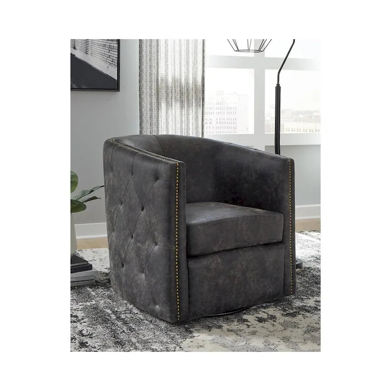 Fauteuil d'appoint pivotant en similicuir noir vieilli avec dossier arrondi