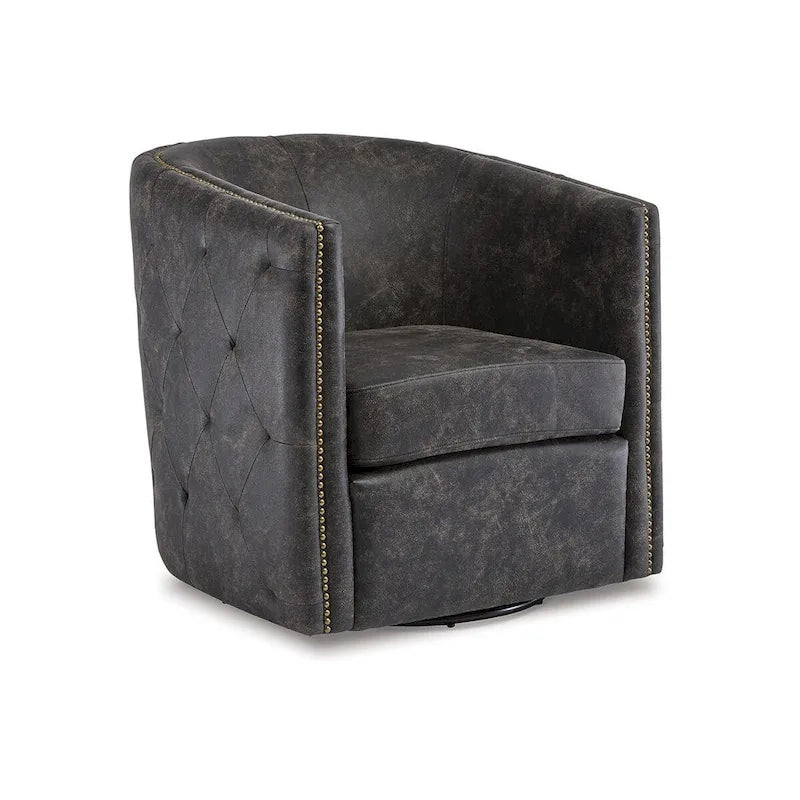 Fauteuil d'appoint pivotant en similicuir noir vieilli avec dossier arrondi