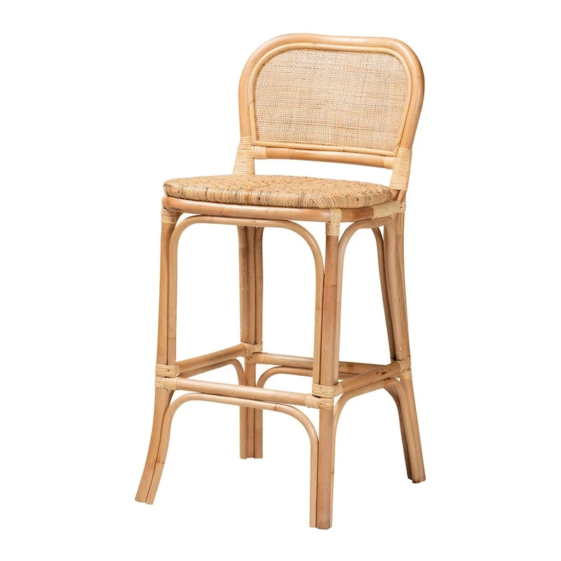 Modern Bohemian Natural Brown Rattan Bar Stool with Footrest