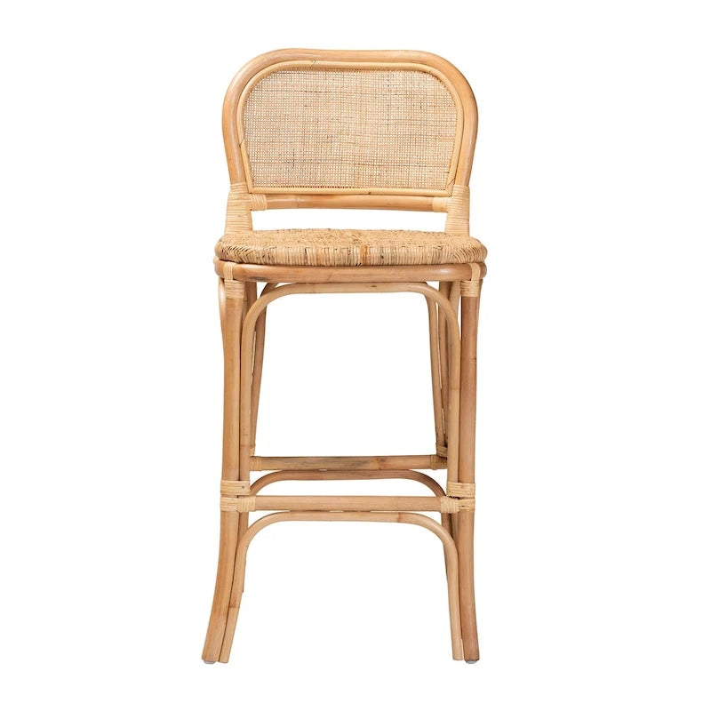 Modern Bohemian Natural Brown Rattan Bar Stool with Footrest