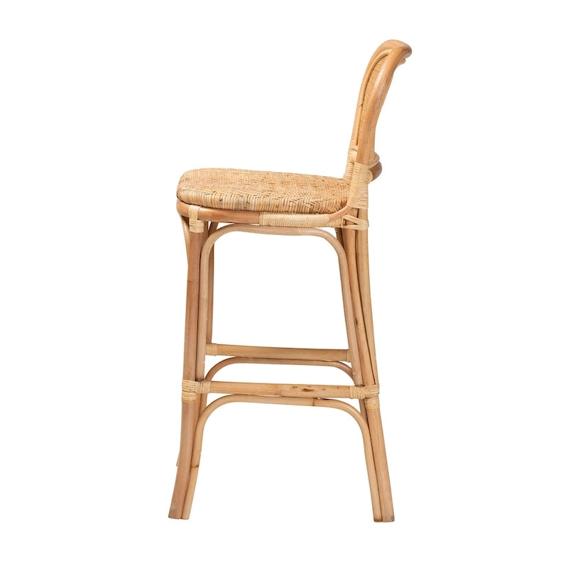Modern Bohemian Natural Brown Rattan Bar Stool with Footrest