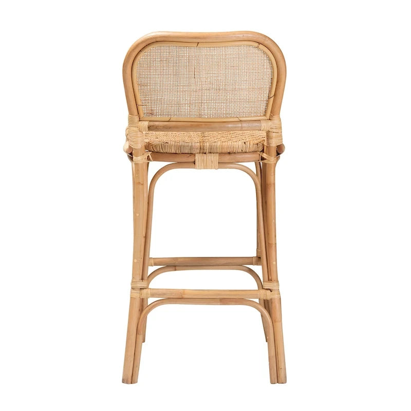 Modern Bohemian Natural Brown Rattan Bar Stool with Footrest