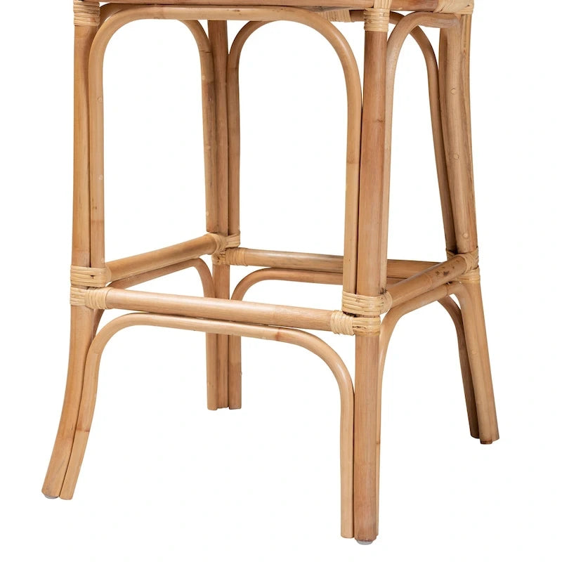 Modern Bohemian Natural Brown Rattan Bar Stool with Footrest