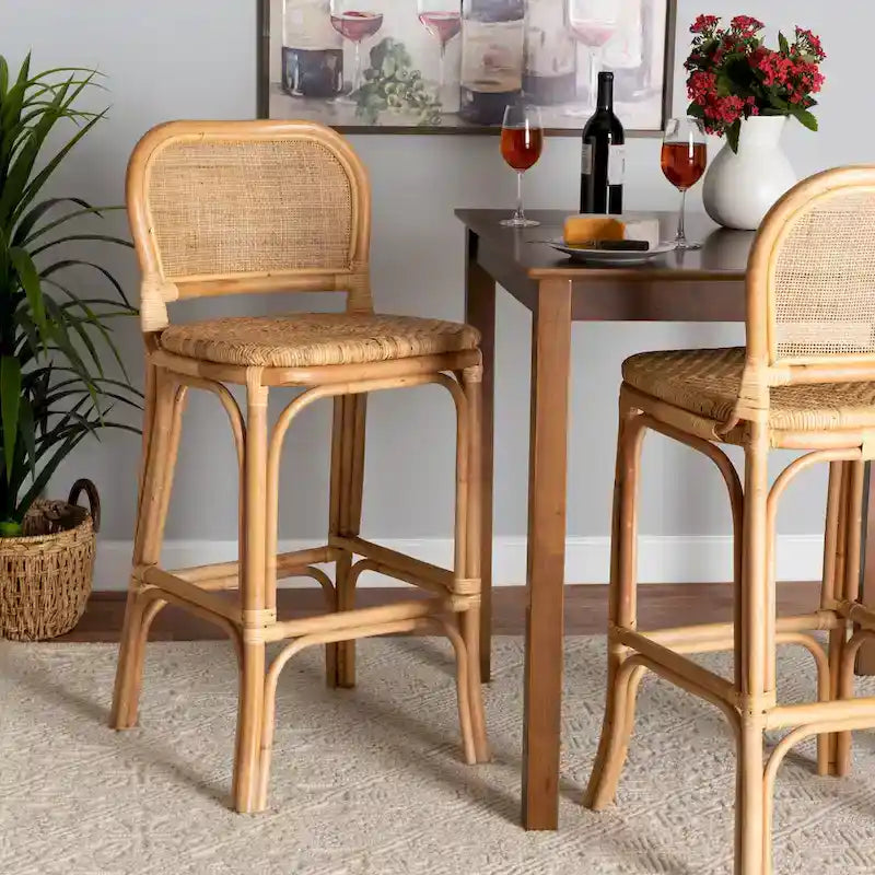 Modern Bohemian Natural Brown Rattan Bar Stool with Footrest