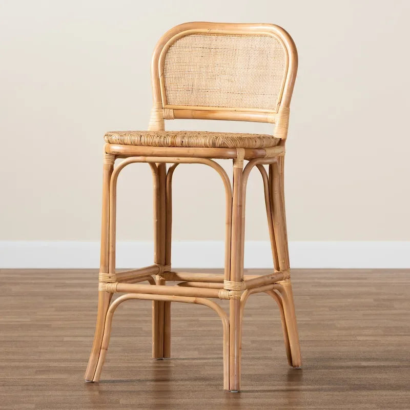 Modern Bohemian Natural Brown Rattan Bar Stool with Footrest