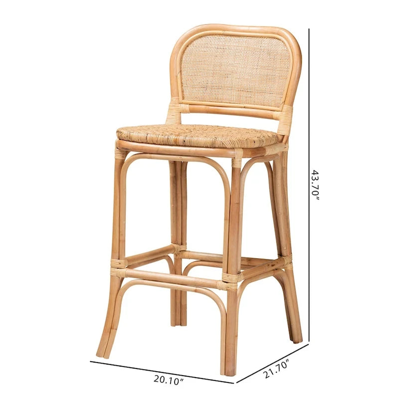 Modern Bohemian Natural Brown Rattan Bar Stool with Footrest